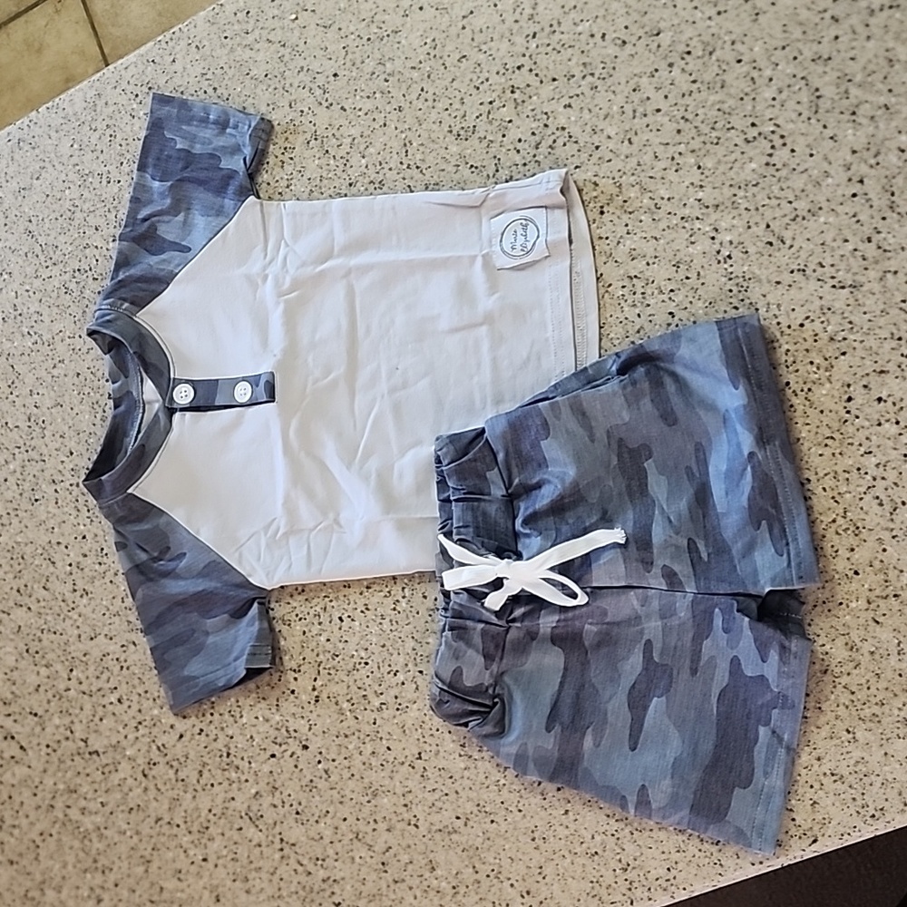 Boys 2 piece Beige and camo boutique outfit